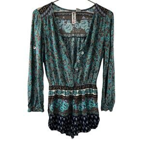 MIMI CHICA Turquoise Floral Print Roll Tab Sleeve V-Neck Button Down Romper Sz S